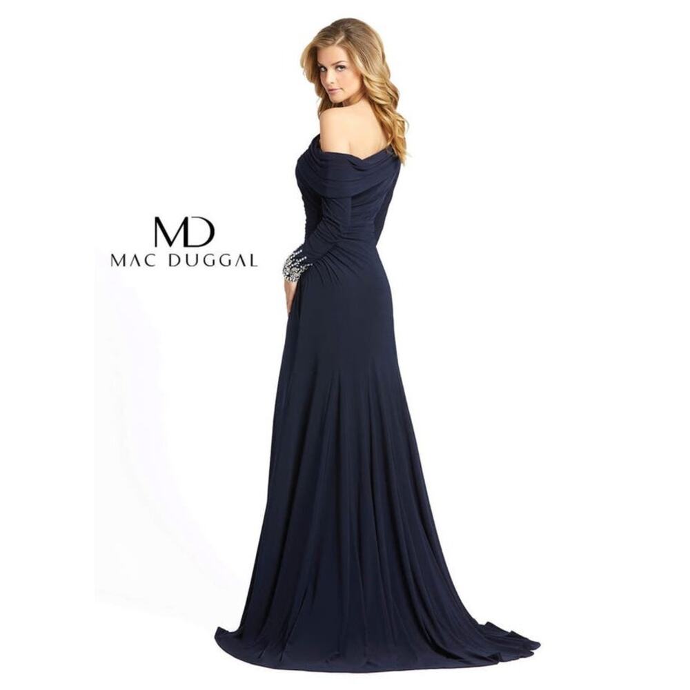 Mac Duggal NEW Size 12 Blue Beaded Cuff Drop Shoulder Faux Wrap Gown 12231 - Picture 3 of 10